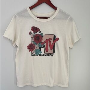 MTV 1990s MTV Logo Tee in Cream with Faded Black Print Size L